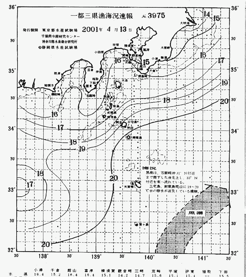 海況図, 関東・東海海況速報/伊豆諸島海域 検索結果, (黒潮, 水温分布, 冷水域, 暖水波及 等を図示)