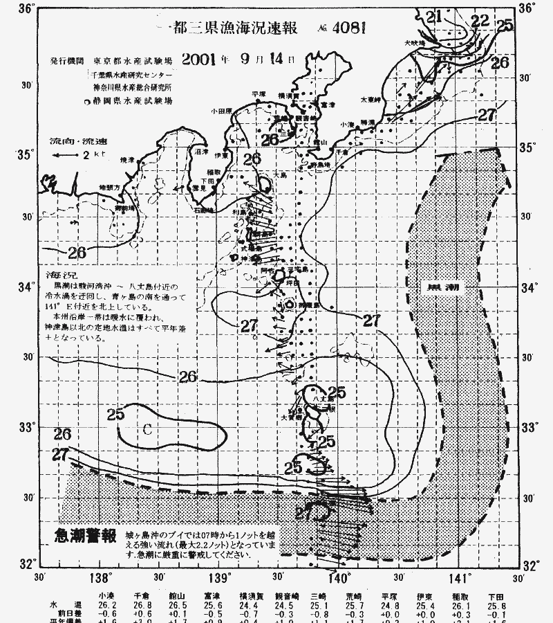 海況図, 関東・東海海況速報/伊豆諸島海域 検索結果, (黒潮, 水温分布, 冷水域, 暖水波及 等を図示)
