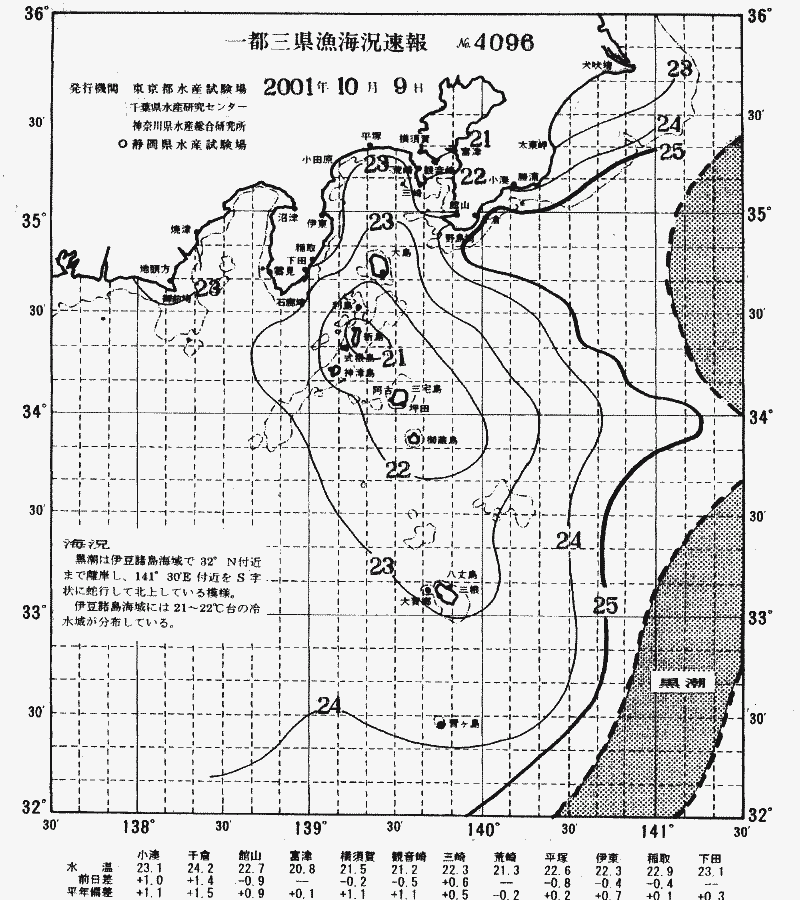 海況図, 関東・東海海況速報/伊豆諸島海域 検索結果, (黒潮, 水温分布, 冷水域, 暖水波及 等を図示)