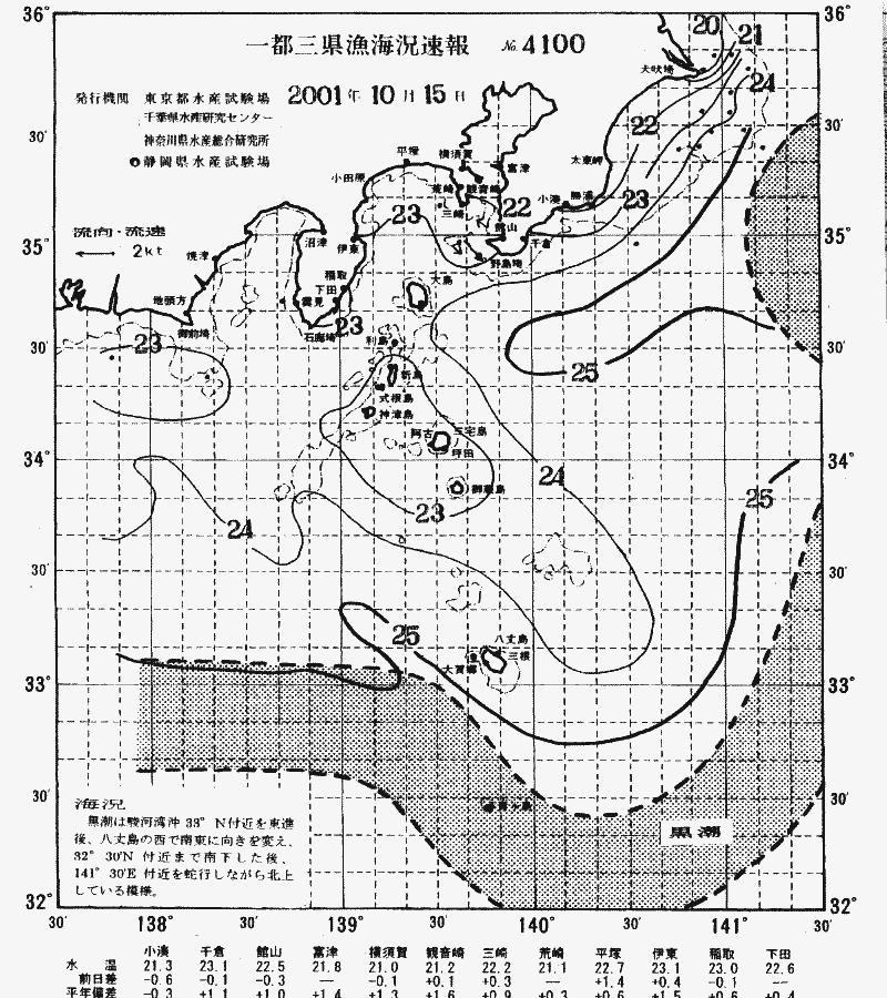 海況図, 関東・東海海況速報/伊豆諸島海域 検索結果, (黒潮, 水温分布, 冷水域, 暖水波及 等を図示)