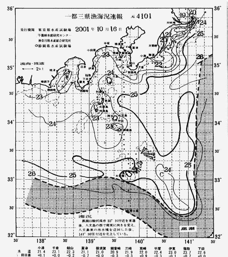 海況図, 関東・東海海況速報/伊豆諸島海域 検索結果, (黒潮, 水温分布, 冷水域, 暖水波及 等を図示)