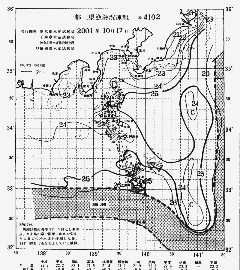 海況図, 関東・東海海況速報/伊豆諸島海域 検索結果, (黒潮, 水温分布, 冷水域, 暖水波及 等を図示)