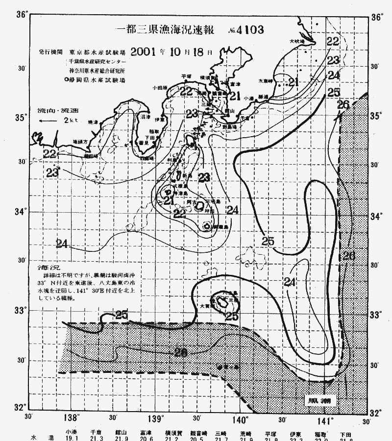 海況図, 関東・東海海況速報/伊豆諸島海域 検索結果, (黒潮, 水温分布, 冷水域, 暖水波及 等を図示)