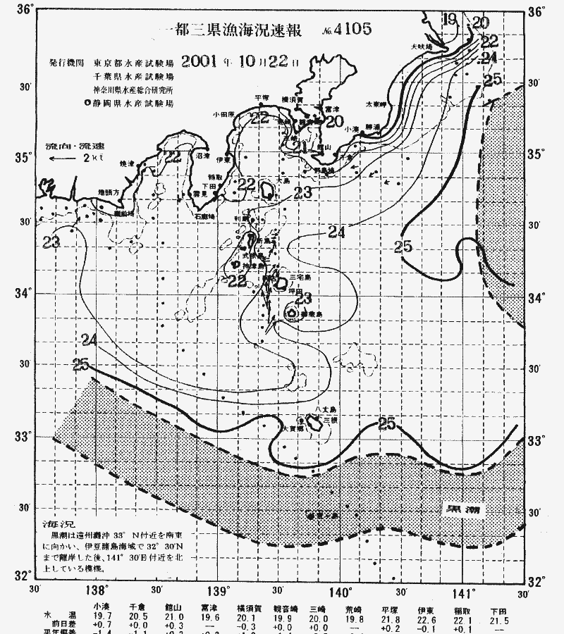 海況図, 関東・東海海況速報/伊豆諸島海域 検索結果, (黒潮, 水温分布, 冷水域, 暖水波及 等を図示)