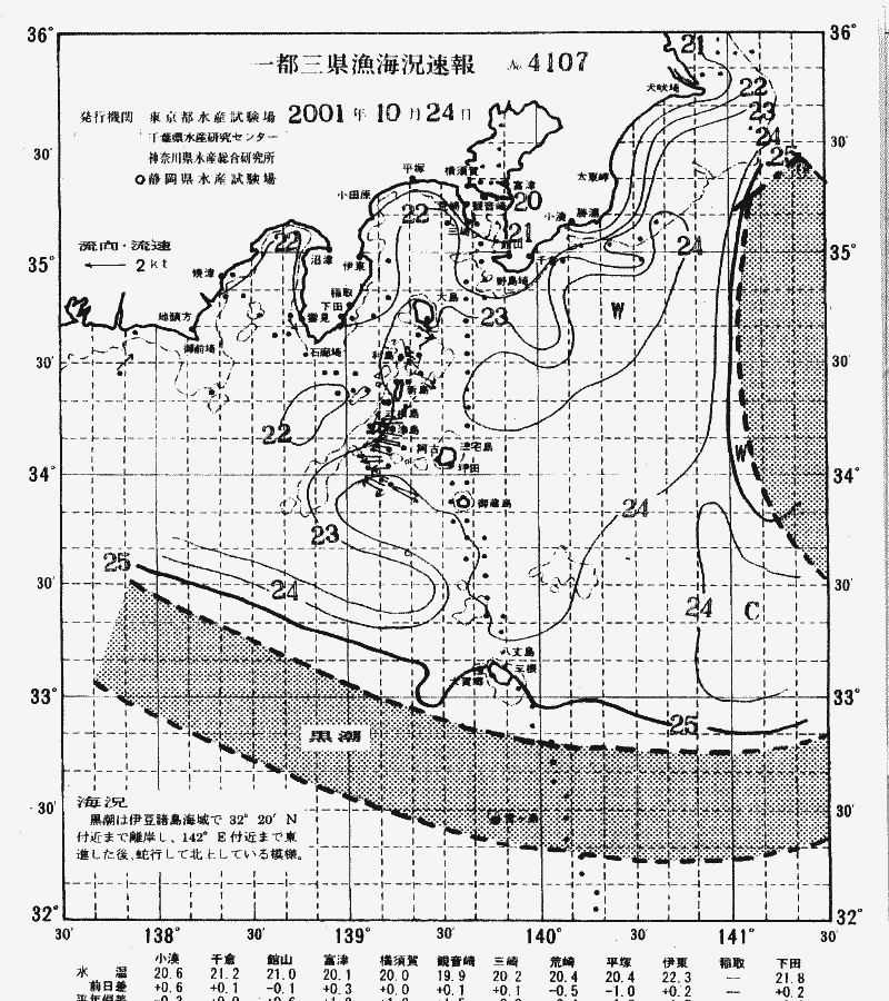 海況図, 関東・東海海況速報/伊豆諸島海域 検索結果, (黒潮, 水温分布, 冷水域, 暖水波及 等を図示)