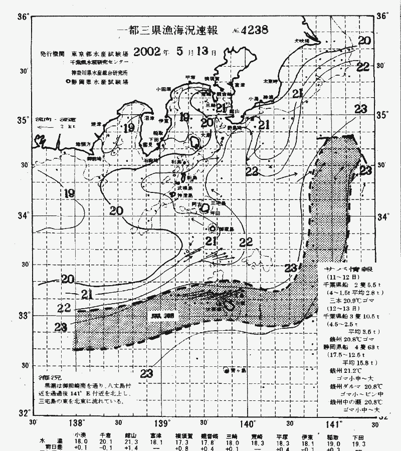 海況図, 関東・東海海況速報/伊豆諸島海域 検索結果, (黒潮, 水温分布, 冷水域, 暖水波及 等を図示)