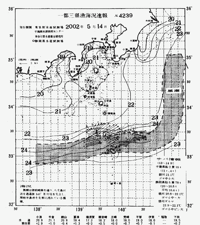 海況図, 関東・東海海況速報/伊豆諸島海域 検索結果, (黒潮, 水温分布, 冷水域, 暖水波及 等を図示)