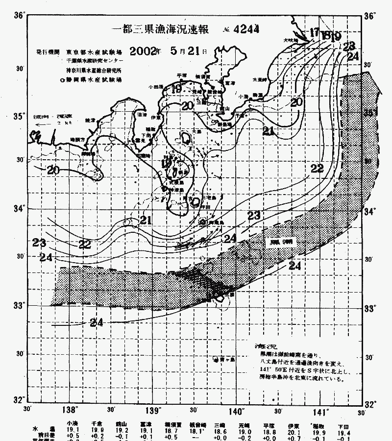 海況図, 関東・東海海況速報/伊豆諸島海域 検索結果, (黒潮, 水温分布, 冷水域, 暖水波及 等を図示)