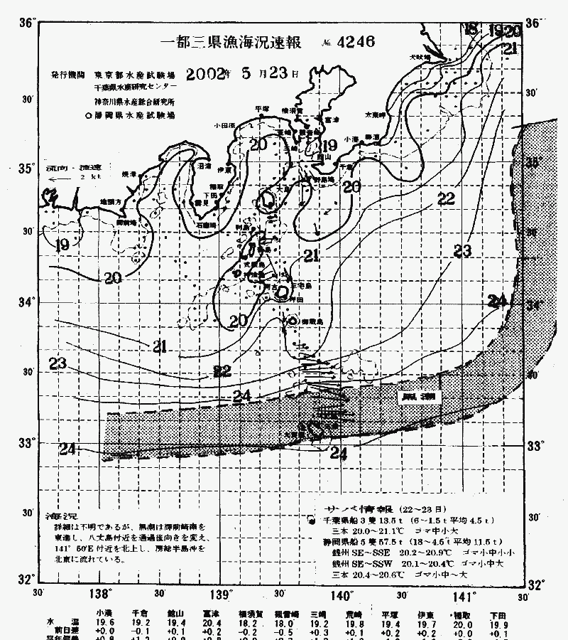 海況図, 関東・東海海況速報/伊豆諸島海域 検索結果, (黒潮, 水温分布, 冷水域, 暖水波及 等を図示)