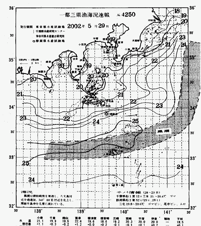 海況図, 関東・東海海況速報/伊豆諸島海域 検索結果, (黒潮, 水温分布, 冷水域, 暖水波及 等を図示)