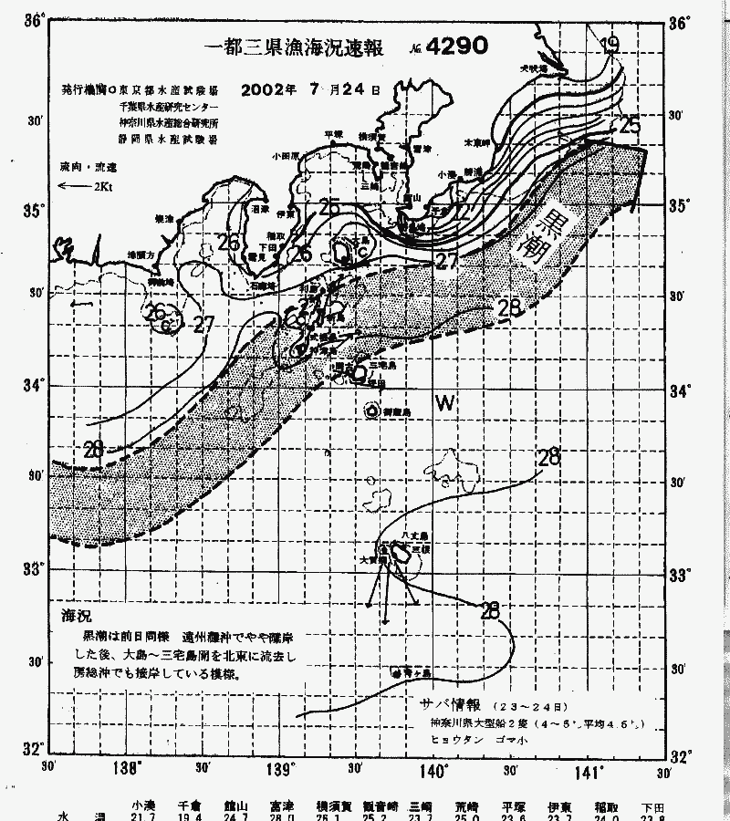 海況図, 関東・東海海況速報/伊豆諸島海域 検索結果, (黒潮, 水温分布, 冷水域, 暖水波及 等を図示)