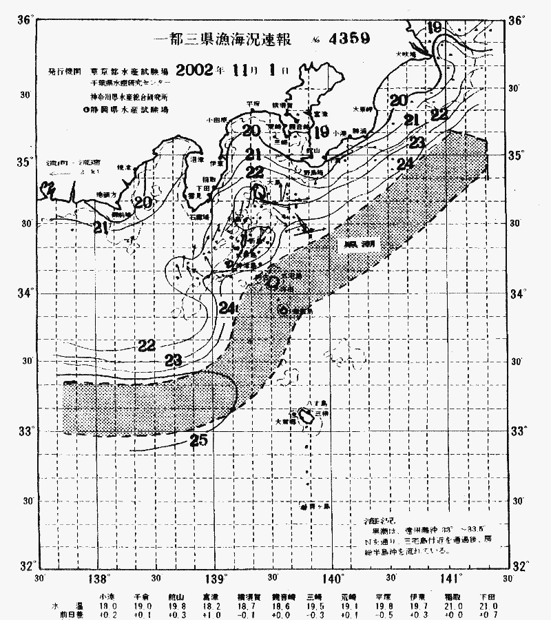 海況図, 関東・東海海況速報/伊豆諸島海域 検索結果, (黒潮, 水温分布, 冷水域, 暖水波及 等を図示)