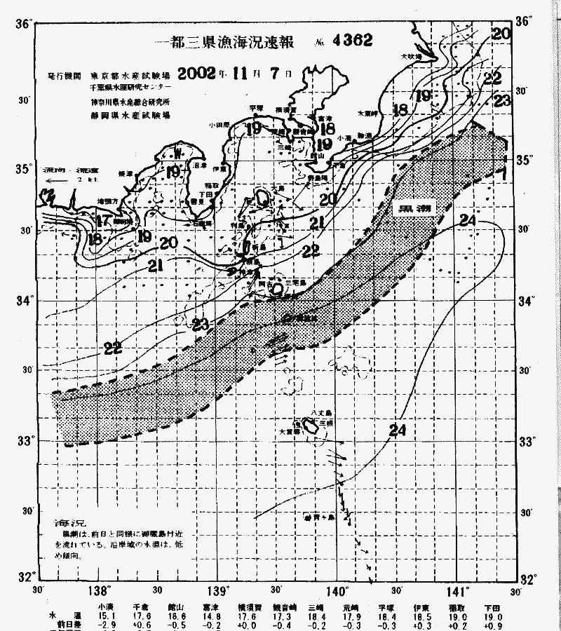 海況図, 関東・東海海況速報/伊豆諸島海域 検索結果, (黒潮, 水温分布, 冷水域, 暖水波及 等を図示)