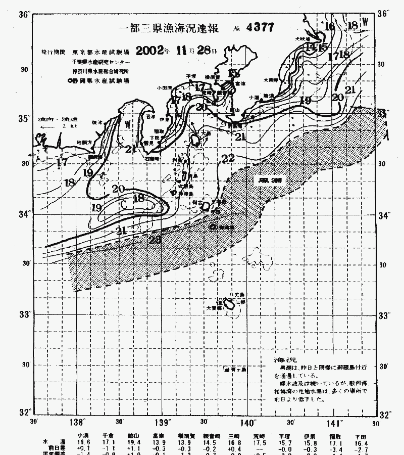 海況図, 関東・東海海況速報/伊豆諸島海域 検索結果, (黒潮, 水温分布, 冷水域, 暖水波及 等を図示)