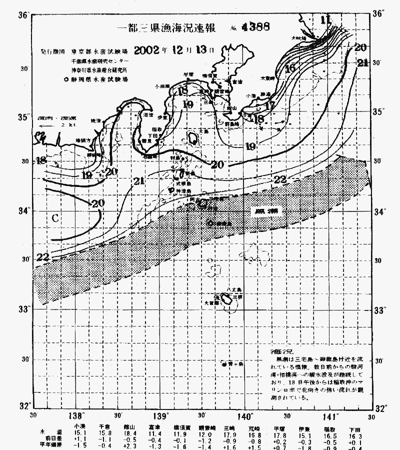 海況図, 関東・東海海況速報/伊豆諸島海域 検索結果, (黒潮, 水温分布, 冷水域, 暖水波及 等を図示)