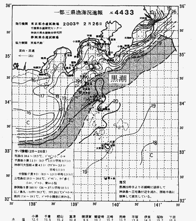 海況図, 関東・東海海況速報/伊豆諸島海域 検索結果, (黒潮, 水温分布, 冷水域, 暖水波及 等を図示)