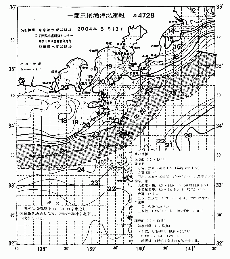 海況図, 関東・東海海況速報/伊豆諸島海域 検索結果, (黒潮, 水温分布, 冷水域, 暖水波及 等を図示)