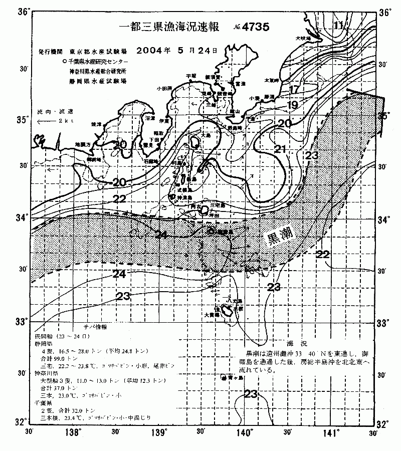 海況図, 関東・東海海況速報/伊豆諸島海域 検索結果, (黒潮, 水温分布, 冷水域, 暖水波及 等を図示)