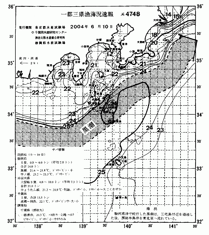 海況図, 関東・東海海況速報/伊豆諸島海域 検索結果, (黒潮, 水温分布, 冷水域, 暖水波及 等を図示)