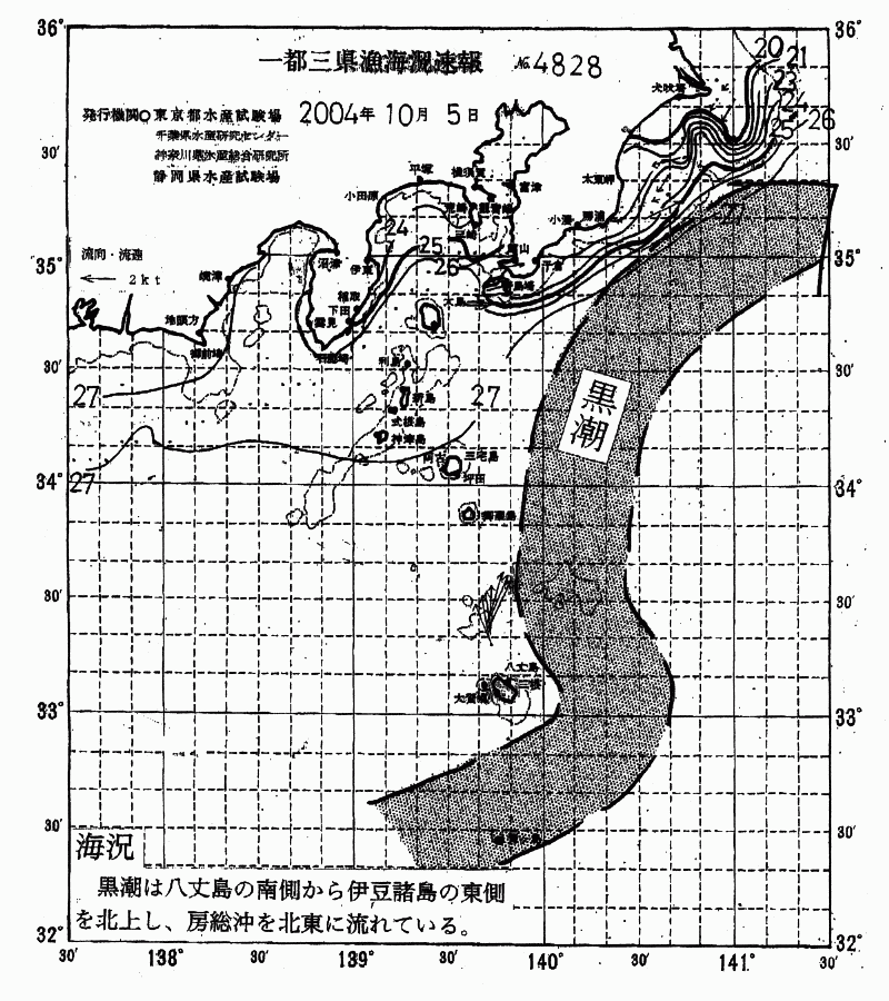 海況図, 関東・東海海況速報/伊豆諸島海域 検索結果, (黒潮, 水温分布, 冷水域, 暖水波及 等を図示)