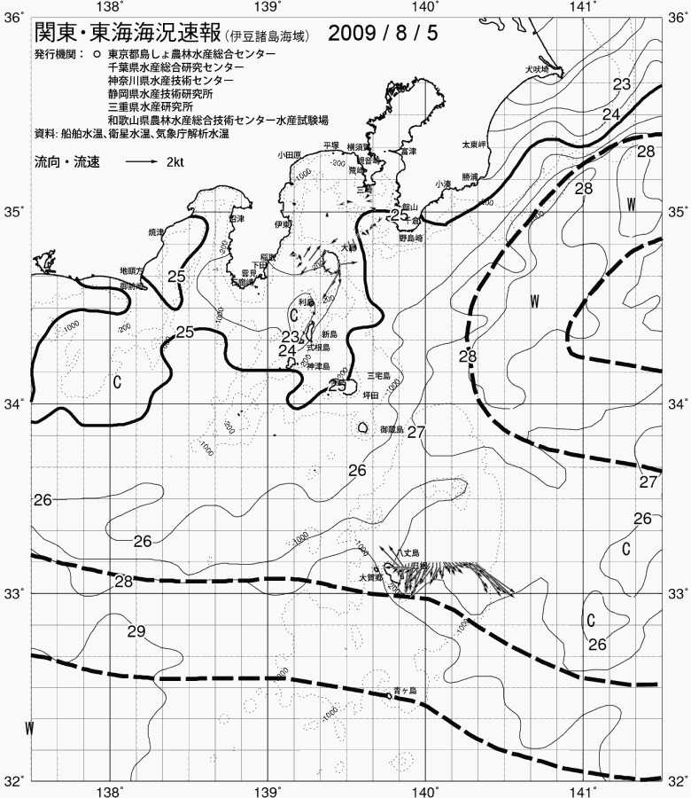 海況図, 関東・東海海況速報/伊豆諸島海域 検索結果, (黒潮, 水温分布, 冷水域, 暖水波及 等を図示)
