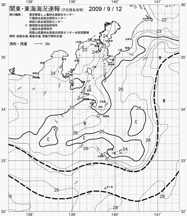 海況図, 関東・東海海況速報/伊豆諸島海域 検索結果, (黒潮, 水温分布, 冷水域, 暖水波及 等を図示)
