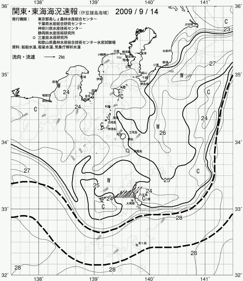 海況図, 関東・東海海況速報/伊豆諸島海域 検索結果, (黒潮, 水温分布, 冷水域, 暖水波及 等を図示)