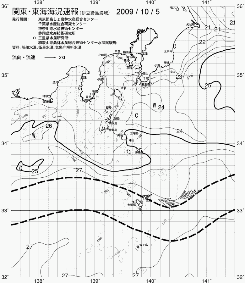 海況図, 関東・東海海況速報/伊豆諸島海域 検索結果, (黒潮, 水温分布, 冷水域, 暖水波及 等を図示)