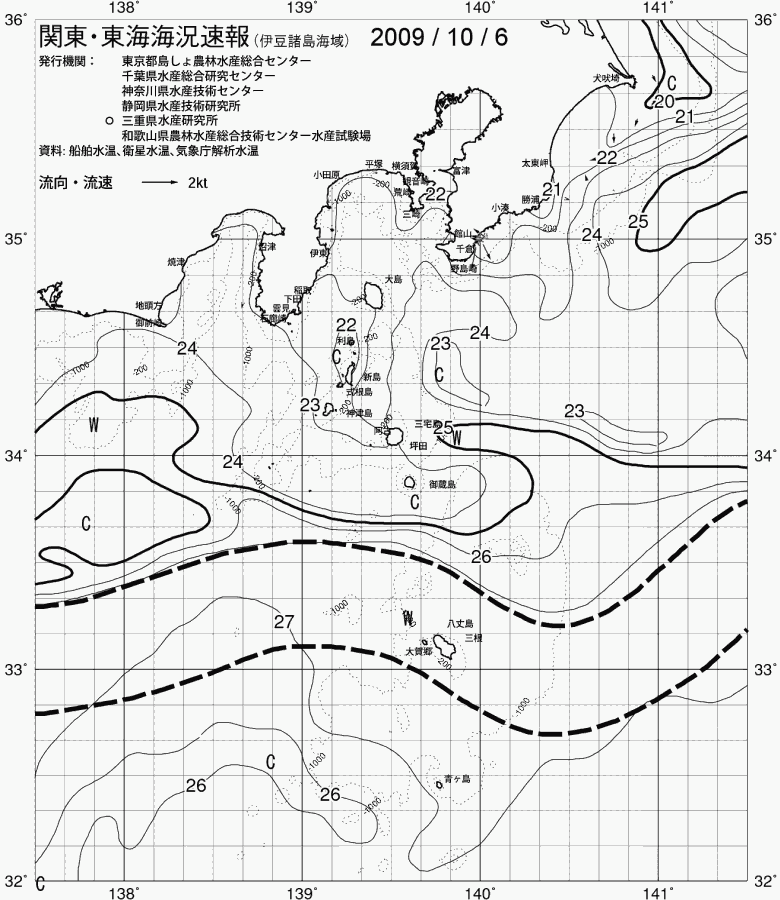 海況図, 関東・東海海況速報/伊豆諸島海域 検索結果, (黒潮, 水温分布, 冷水域, 暖水波及 等を図示)