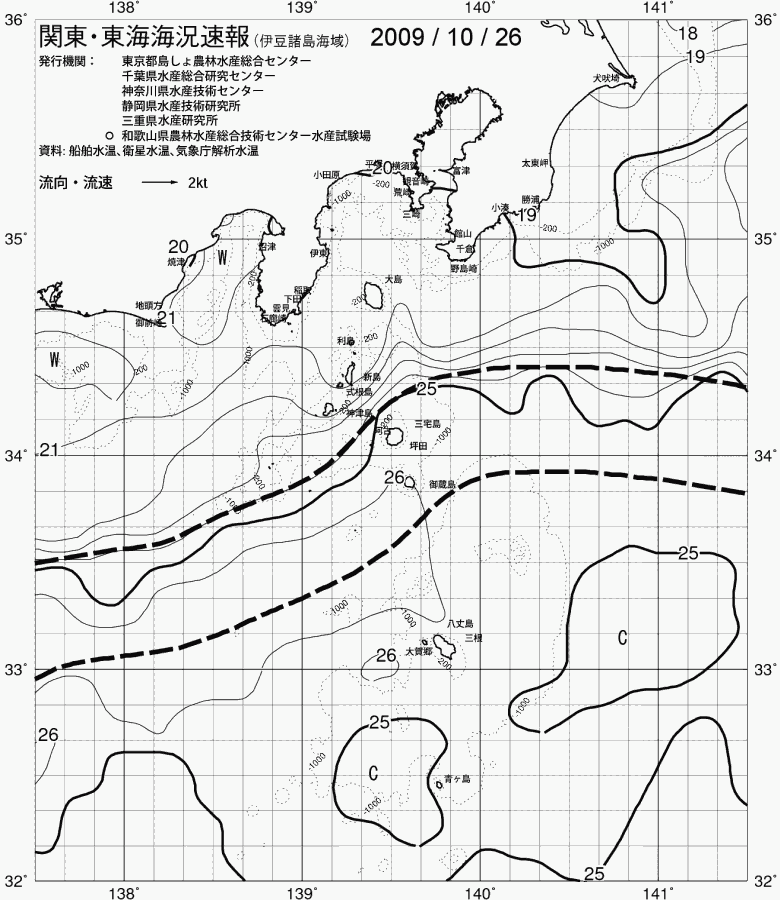 海況図, 関東・東海海況速報/伊豆諸島海域 検索結果, (黒潮, 水温分布, 冷水域, 暖水波及 等を図示)