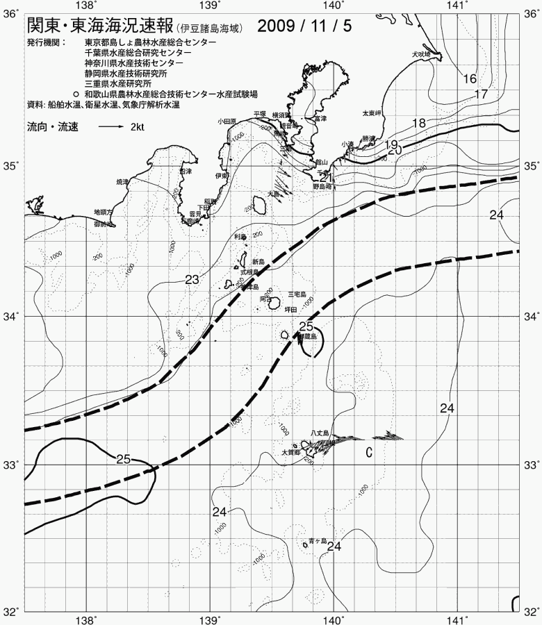 海況図, 関東・東海海況速報/伊豆諸島海域 検索結果, (黒潮, 水温分布, 冷水域, 暖水波及 等を図示)