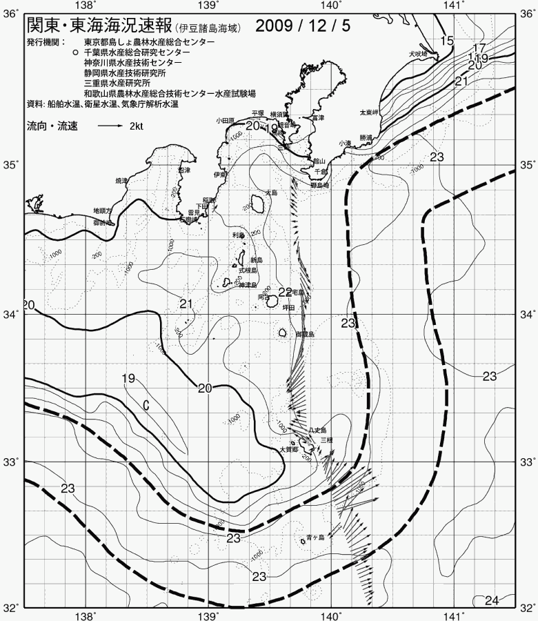 海況図, 関東・東海海況速報/伊豆諸島海域 検索結果, (黒潮, 水温分布, 冷水域, 暖水波及 等を図示)