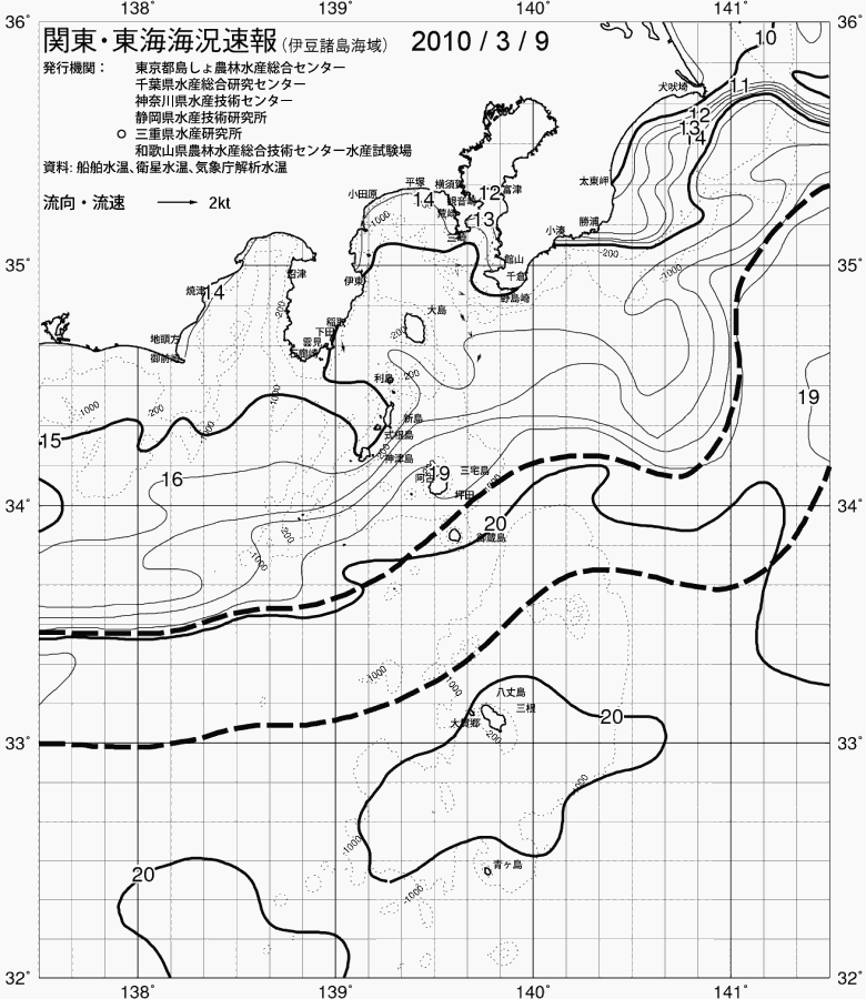 海況図, 関東・東海海況速報/伊豆諸島海域 検索結果, (黒潮, 水温分布, 冷水域, 暖水波及 等を図示)