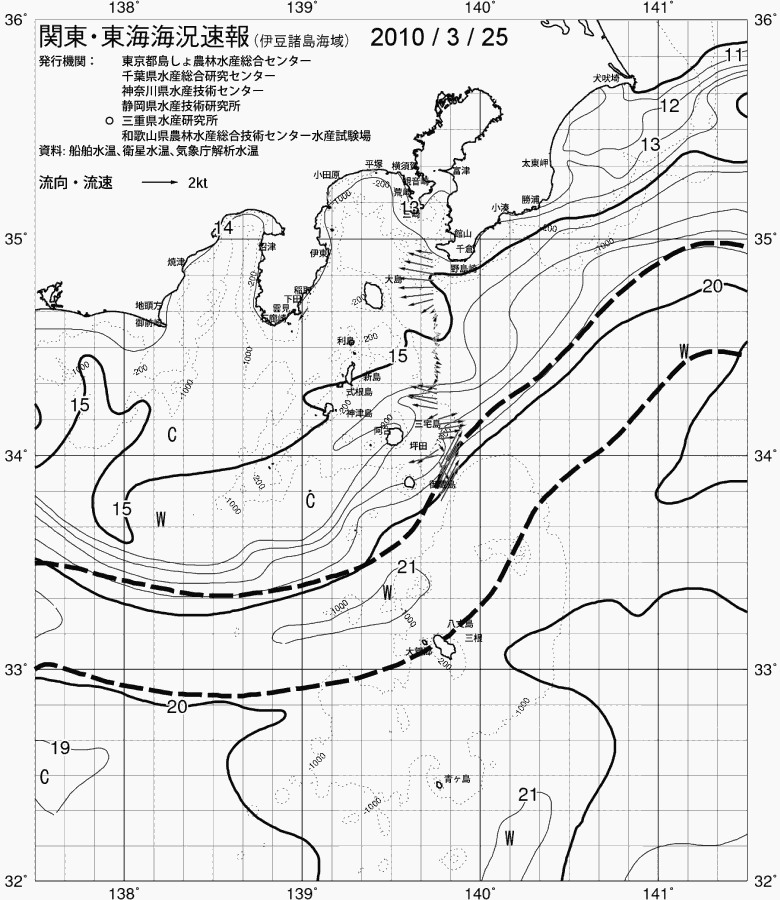 海況図, 関東・東海海況速報/伊豆諸島海域 検索結果, (黒潮, 水温分布, 冷水域, 暖水波及 等を図示)