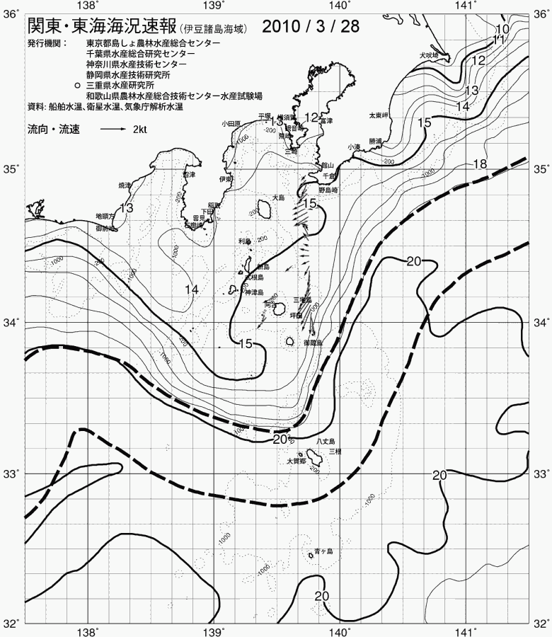 海況図, 関東・東海海況速報/伊豆諸島海域 検索結果, (黒潮, 水温分布, 冷水域, 暖水波及 等を図示)