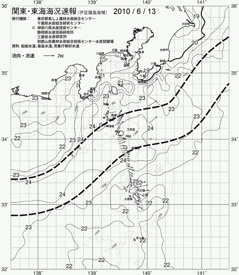 海況図, 関東・東海海況速報/伊豆諸島海域 検索結果, (黒潮, 水温分布, 冷水域, 暖水波及 等を図示)