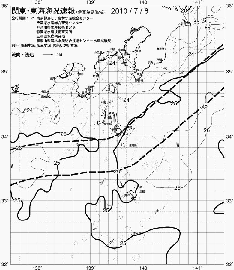 海況図, 関東・東海海況速報/伊豆諸島海域 検索結果, (黒潮, 水温分布, 冷水域, 暖水波及 等を図示)