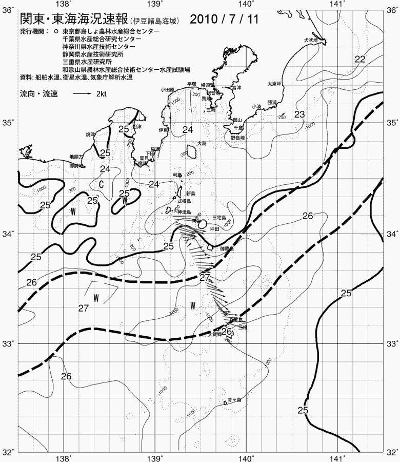 海況図, 関東・東海海況速報/伊豆諸島海域 検索結果, (黒潮, 水温分布, 冷水域, 暖水波及 等を図示)