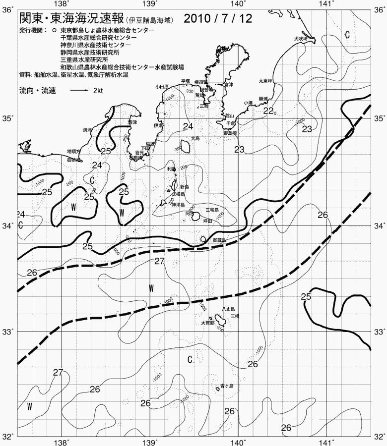 海況図, 関東・東海海況速報/伊豆諸島海域 検索結果, (黒潮, 水温分布, 冷水域, 暖水波及 等を図示)