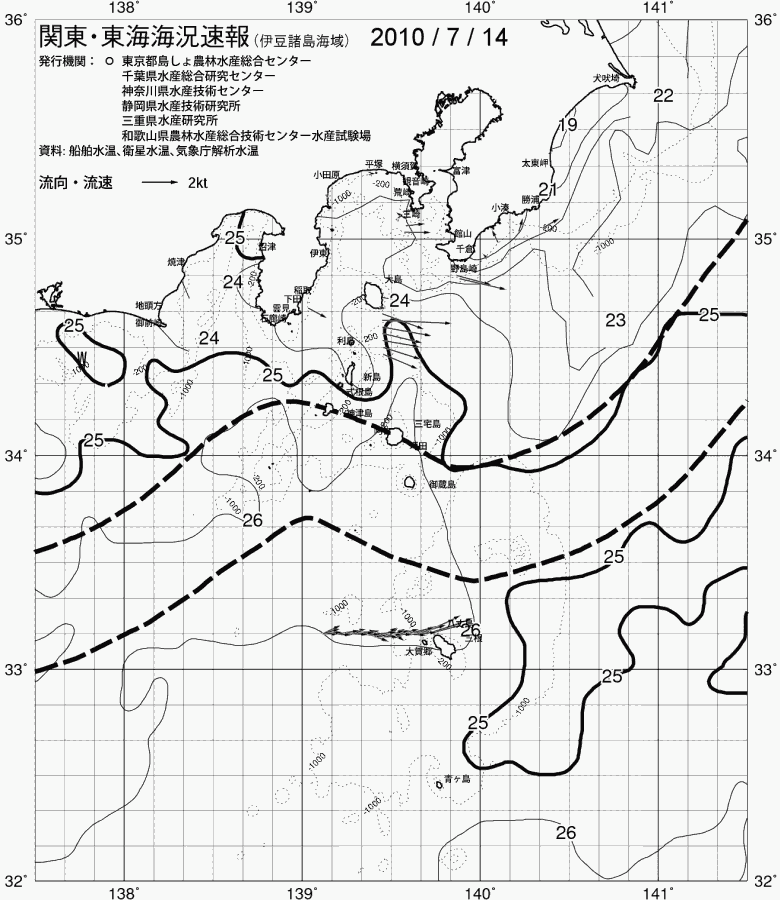 海況図, 関東・東海海況速報/伊豆諸島海域 検索結果, (黒潮, 水温分布, 冷水域, 暖水波及 等を図示)