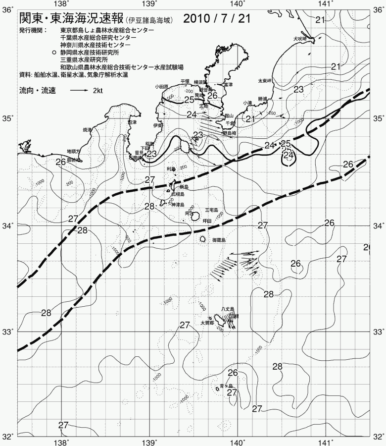 海況図, 関東・東海海況速報/伊豆諸島海域 検索結果, (黒潮, 水温分布, 冷水域, 暖水波及 等を図示)