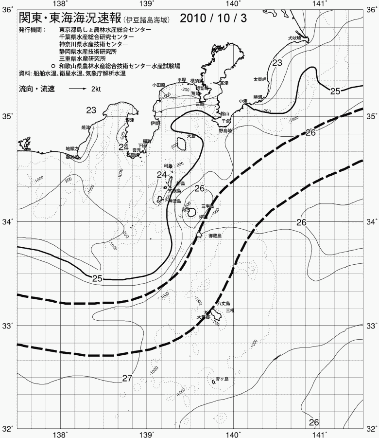 海況図, 関東・東海海況速報/伊豆諸島海域 検索結果, (黒潮, 水温分布, 冷水域, 暖水波及 等を図示)