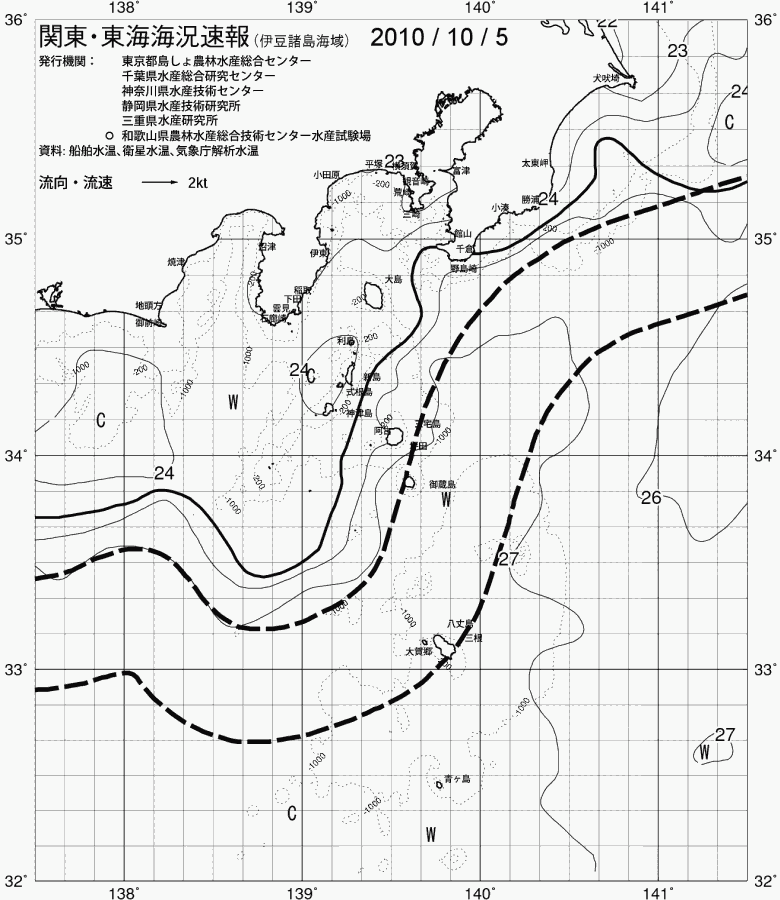 海況図, 関東・東海海況速報/伊豆諸島海域 検索結果, (黒潮, 水温分布, 冷水域, 暖水波及 等を図示)