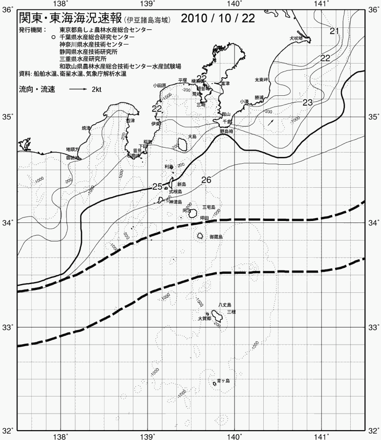 海況図, 関東・東海海況速報/伊豆諸島海域 検索結果, (黒潮, 水温分布, 冷水域, 暖水波及 等を図示)