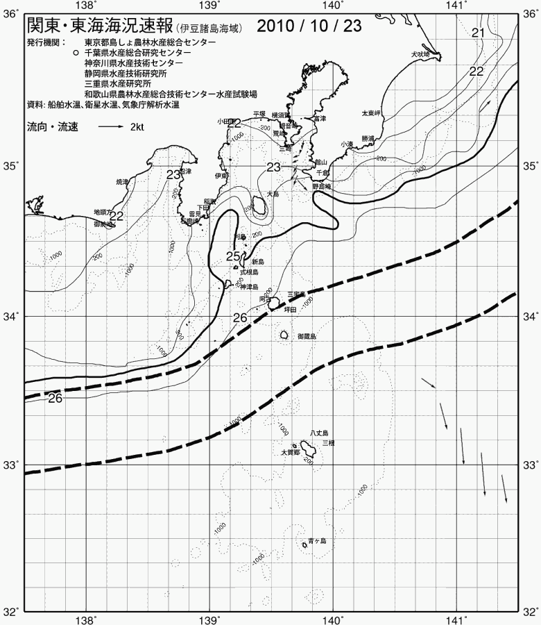 海況図, 関東・東海海況速報/伊豆諸島海域 検索結果, (黒潮, 水温分布, 冷水域, 暖水波及 等を図示)