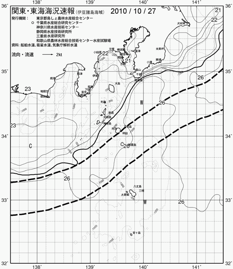 海況図, 関東・東海海況速報/伊豆諸島海域 検索結果, (黒潮, 水温分布, 冷水域, 暖水波及 等を図示)