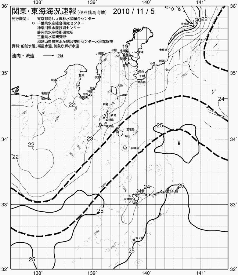 海況図, 関東・東海海況速報/伊豆諸島海域 検索結果, (黒潮, 水温分布, 冷水域, 暖水波及 等を図示)