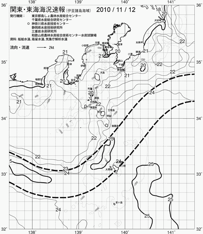 海況図, 関東・東海海況速報/伊豆諸島海域 検索結果, (黒潮, 水温分布, 冷水域, 暖水波及 等を図示)