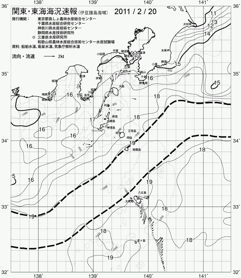 海況図, 関東・東海海況速報/伊豆諸島海域 検索結果, (黒潮, 水温分布, 冷水域, 暖水波及 等を図示)