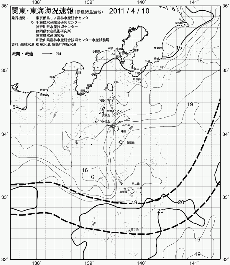 海況図, 関東・東海海況速報/伊豆諸島海域 検索結果, (黒潮, 水温分布, 冷水域, 暖水波及 等を図示)